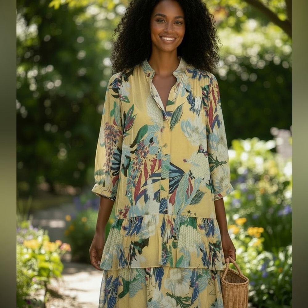 The Korner Yellow Floral Tiered Dress Size Small Maximalist Vacation